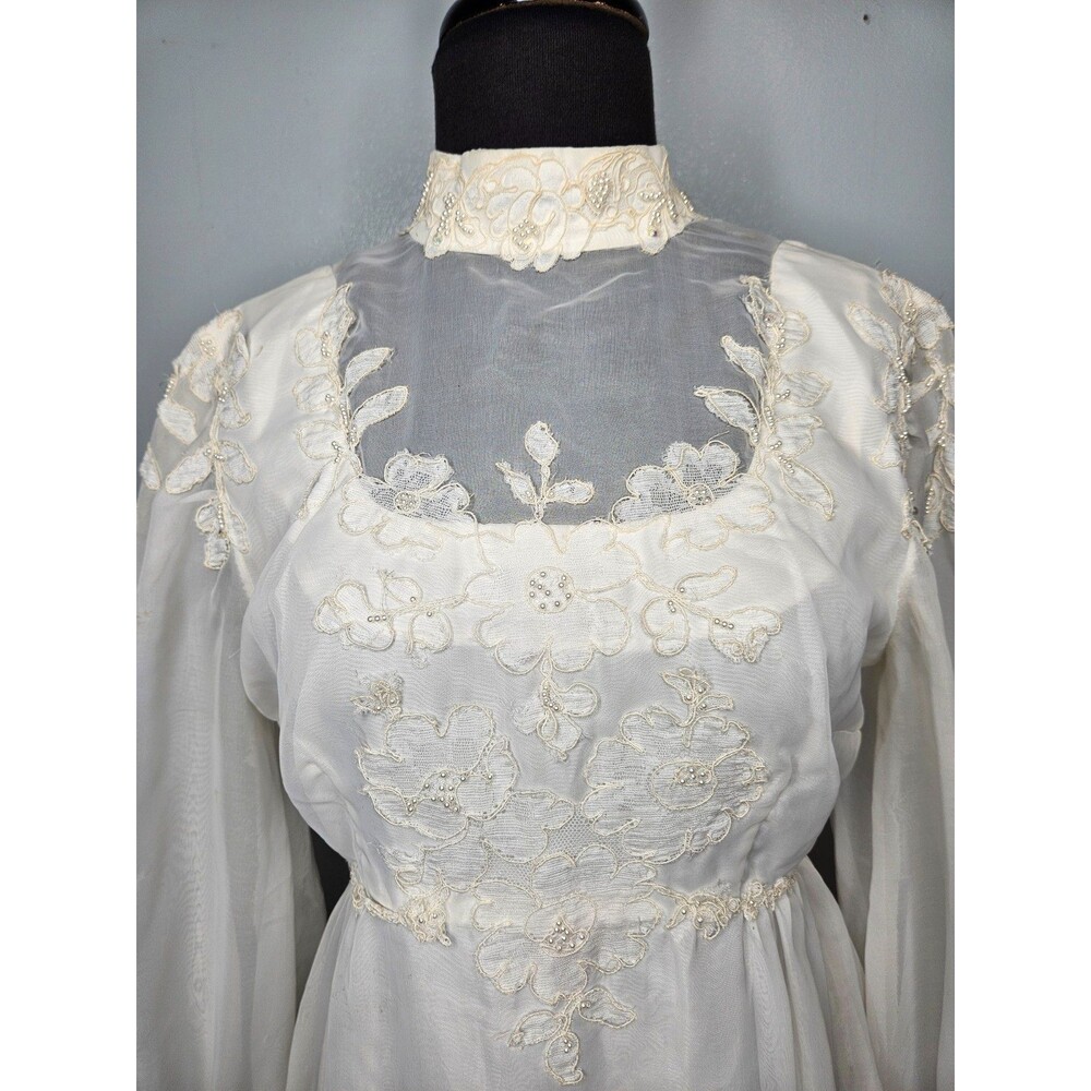 Vintage 70s Wedding Dress Ivory High Neck Prairie Boho Victorian Balloon Sleeves